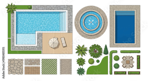 A top-down layout of a pool area combined with landscape elements such as tiles, greenery, and outdoor design features. Perfect for architectural planning and environment design.