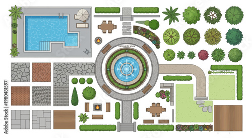 A detailed landscape master plan featuring pathways, fountains, greenery, and outdoor elements in a structured top-down view. Ideal for urban planning and architectural presentations.