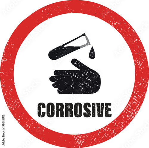 The image depicts a universally recognized hazardous materials symbol for corrosive substances. The symbol features a hand with a droplet falling onto it, indicating that the substance can cause sever