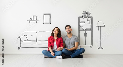 Happy young couple sitting on floor in empty room with sketched furniture perfect for real estate moving and new home planning