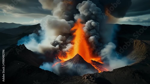 Aerial view of an erupting volcano with lava fountains and thick billowing smoke under a moody sky
