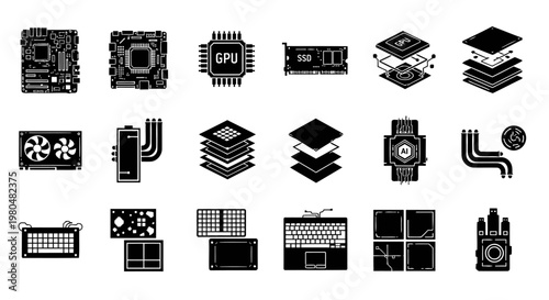 Set of 18 different black silhouette icons illustrating internal and external laptop hardware components. Features advanced computing elements such as processor chips, memory modules, cooling systems