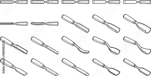 A variety of chisels, perfect for carpentry and woodworking. Displaying tools for craft. 
