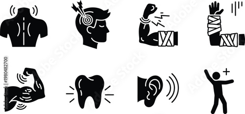 Human body pain and injury black glyph vector icons illustrating various medical conditions with symptoms backache headache