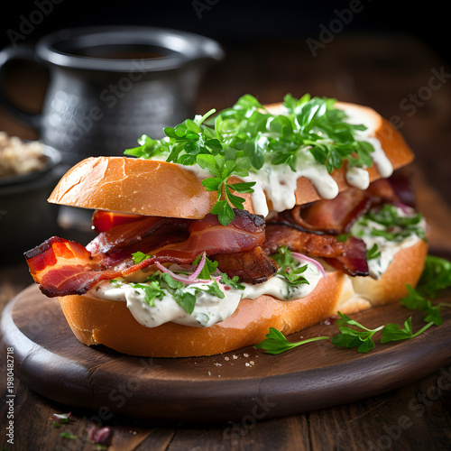 Crispy bacon sandwich served on freshly baked artisan bread with creamy herb sauce and fresh green arugula leaves provides a satisfying savory meal that highlights rich smoky flavors and crunchy textu
