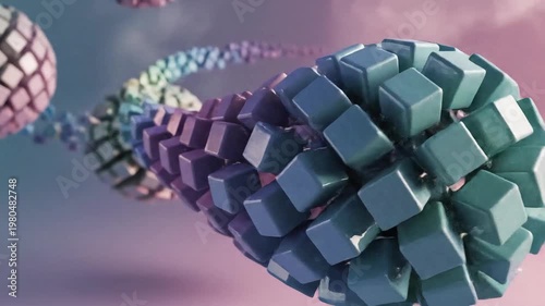 Abstract 3d render of spherical clusters made of stacked glossy cubes, floating against a soft pink and blue background