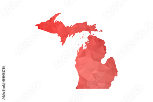 Michigan Map - Polygon Style Vector Illustration in Red Gradient, Low Poly Geometric Design, Isolated on White Background, Perfect for Infographics, Reports, and Educational Materials.