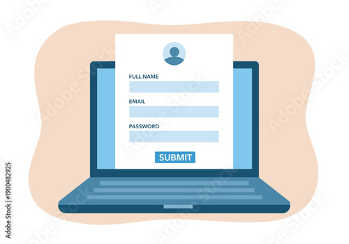 Form to register online data digital web. Registration to website online on computer in flat design vector illustration
