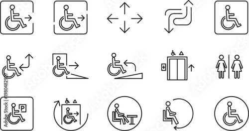 Accessibility and directional icon collection with wheelchair symbols, ramps, elevators, restrooms, and parking, perfect for inclusive design, signage, and public space projects