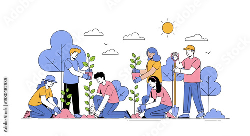 Diverse Group of People Planting Trees in Nature Vector Illustration