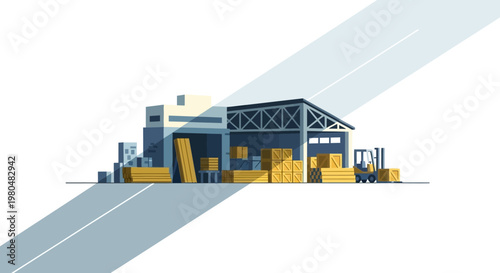 Industrial Logistics Warehouse Illustration with Forklift, Crates and Lumber in Flat Minimalist Style