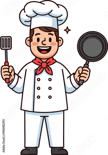 Cartoon chef character in white uniform with hat, red neckerchief, spatula, and frying pan, perfect for cooking, culinary, and restaurant design projects