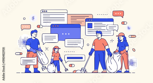 Volunteers Cleaning Environment and Organizing Online Illustration