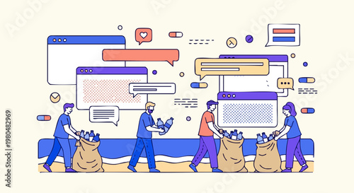 Volunteers cleaning plastic from beach for online campaign