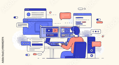 Professional Video Editor Working at Digital Workspace Illustration