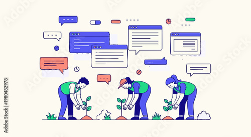 Team of People Planting Trees with Digital UI and Chat Bubbles