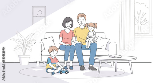 A happy modern family spends quality time together in their bright home living room, enjoying a peaceful afternoon.