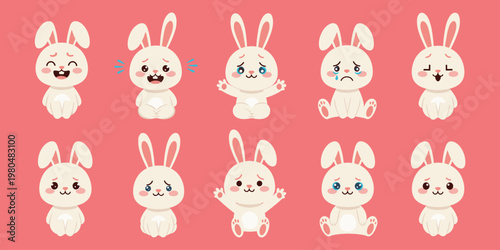 Cute cartoon white rabbits with expressive emotions in multiple poses, perfect for children’s artwork, emotive character design, communication, and playful illustration projects