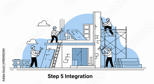 Step 5 Integration Concept Illustration: Construction Workers Building House Infrastructure Line Art
