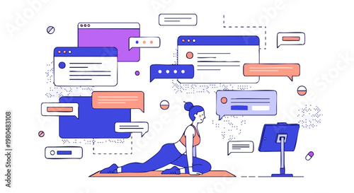 Woman Doing Online Yoga Class with Digital Windows and Chat Bubbles