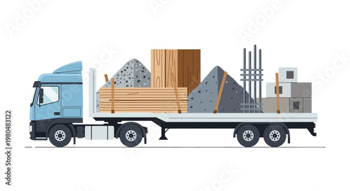 Flatbed Cargo Truck Carrying Construction Materials: Wood, Gravel, Rebar, and Concrete Blocks. Vector Illustration of Heavy Industrial Transport.