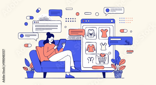 Woman Shopping for Fashion and Health Products Online Vector