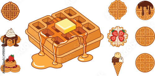 Waffle and dessert collection with stacked waffles, syrup, whipped cream, strawberries, ice cream cone, and decorative toppings, perfect for breakfast, bakery, and sweet food projects