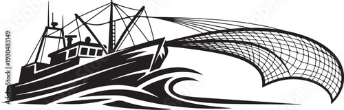 Fishing boat, fishing net, vector illustration, nautical, black and white