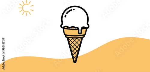 Simple graphic illustration of a delicious vanilla ice cream scoop melting on a classic waffle cone, symbolizing sweet summer treats and refreshing dessert.