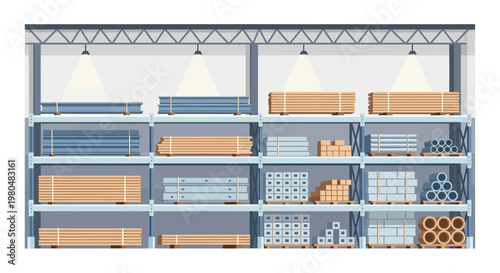 Industrial Warehouse Storage Racks with Building Materials, Wood Lumber, Metal Pipes and Steel Beams Illustration