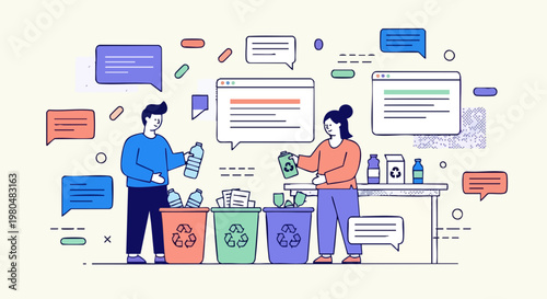 People Sorting Waste for Recycling Flat Vector Illustration