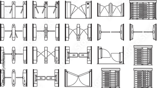 Architectural blueprints of various gate systems and access control points, rendered with precision and clarity. These blueprints showcase a variety of security access and entry points