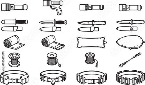 Collection of essential survival equipment, illustrated with crisp, minimalist lines, the array represents preparedness for any outdoor challenge.