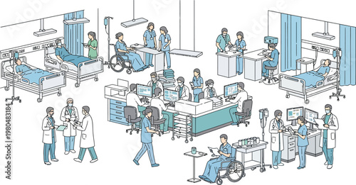 Busy medical staff members working efficiently within a crowded hospital ward while caring for patients in beds and in wheelchairs