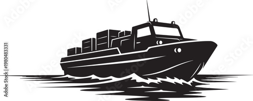Cargo ship, freight boat, container vessel, black silhouette, nautical icon