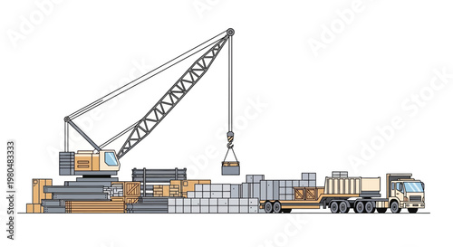 Industrial Construction Site Vector Illustration with Crawler Crane, Cargo Truck, and Building Materials Isolated on White Background