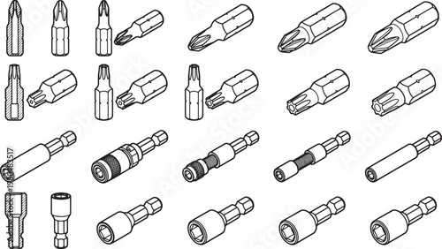 Array of Various Screwdriver Bits with Different Shapes and Sizes. A detailed illustration captures the diversity of screwdriver bit designs.