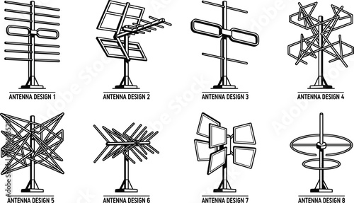 Set of television and radio antenna designs with multiple geometric structures communication equipment detailed line illustration