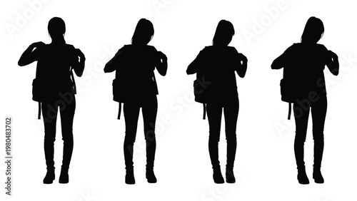 Four silhouetted women stand in a row each carrying a backpack