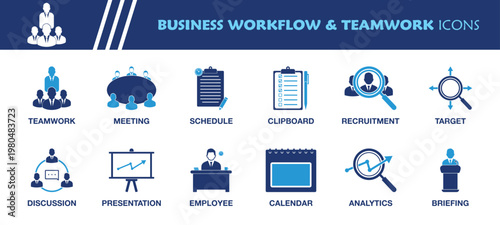 Business Workflow and Teamwork Icon Set. Collection of Meeting, Presentation, Target, Analytics, Briefing, Discussion and More Icons. Editable Flat Vector Illustration.