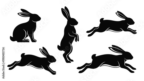 Silhouette illustrations of rabbits in various dynamic poses against a white background