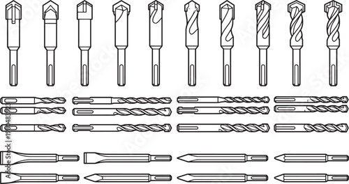 Various types of drill bits, meticulously organized in rows, showcasing their distinct shapes and functionalities, essential tools for precision drilling in various materials.