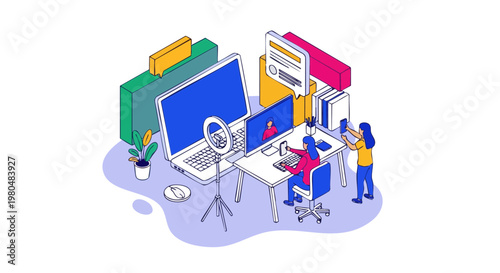Influencer Recording Video Content in Isometric Studio Workspace