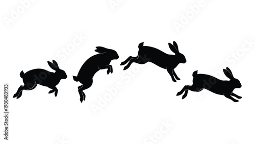 Silhouette of four rabbits in mid leap demonstrating a sequence of motion