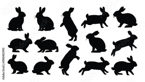 Collection of black rabbit silhouettes in various poses and orientations