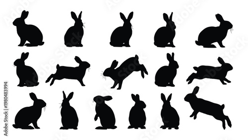 Collection of black rabbit silhouettes in various poses and orientations