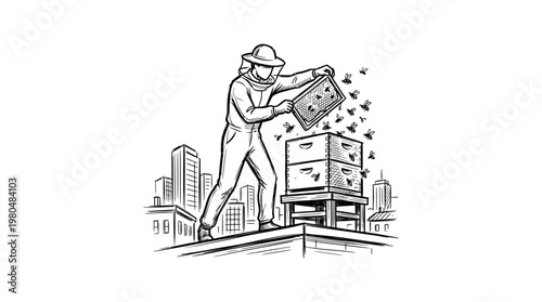 Urban Beekeeper on City Rooftop