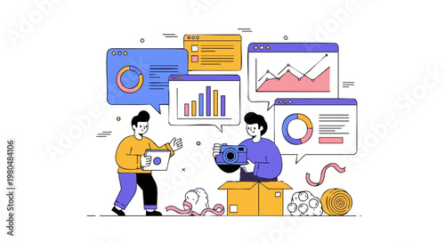 Content creators recording a product unboxing video with data charts