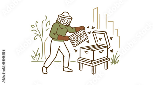 Beekeeper Inspecting a Beehive in an Urban Setting