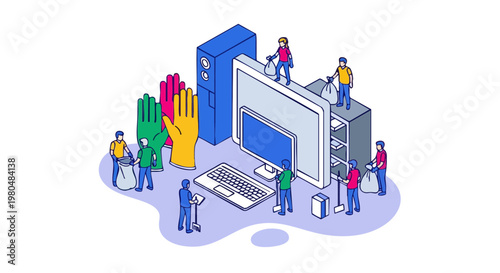 Isometric Digital Data Cleanup and Computer Maintenance Concept